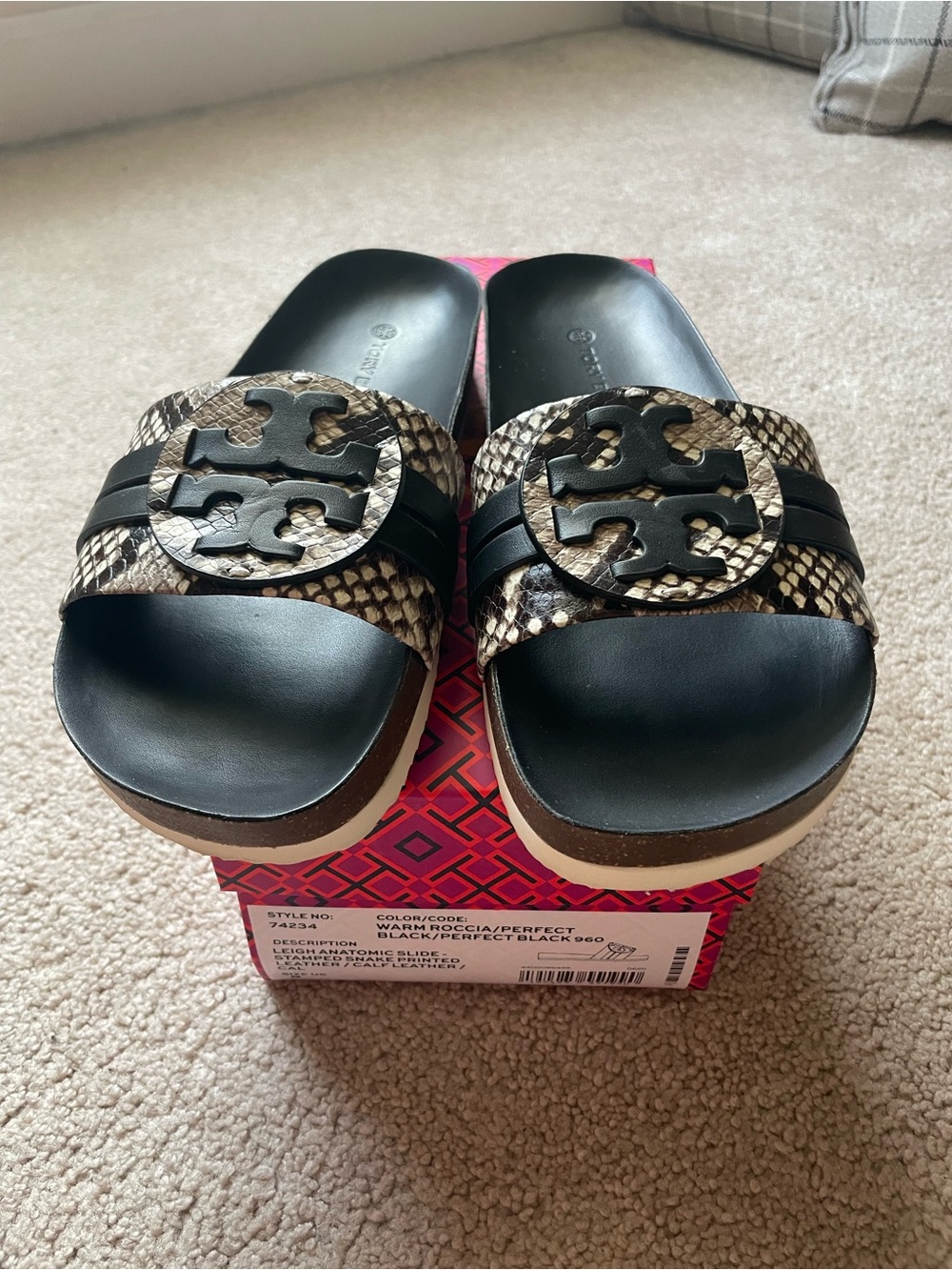 Tory Burch Black & Snakeskin Platform Slide Sandals - Picture 2 of 7